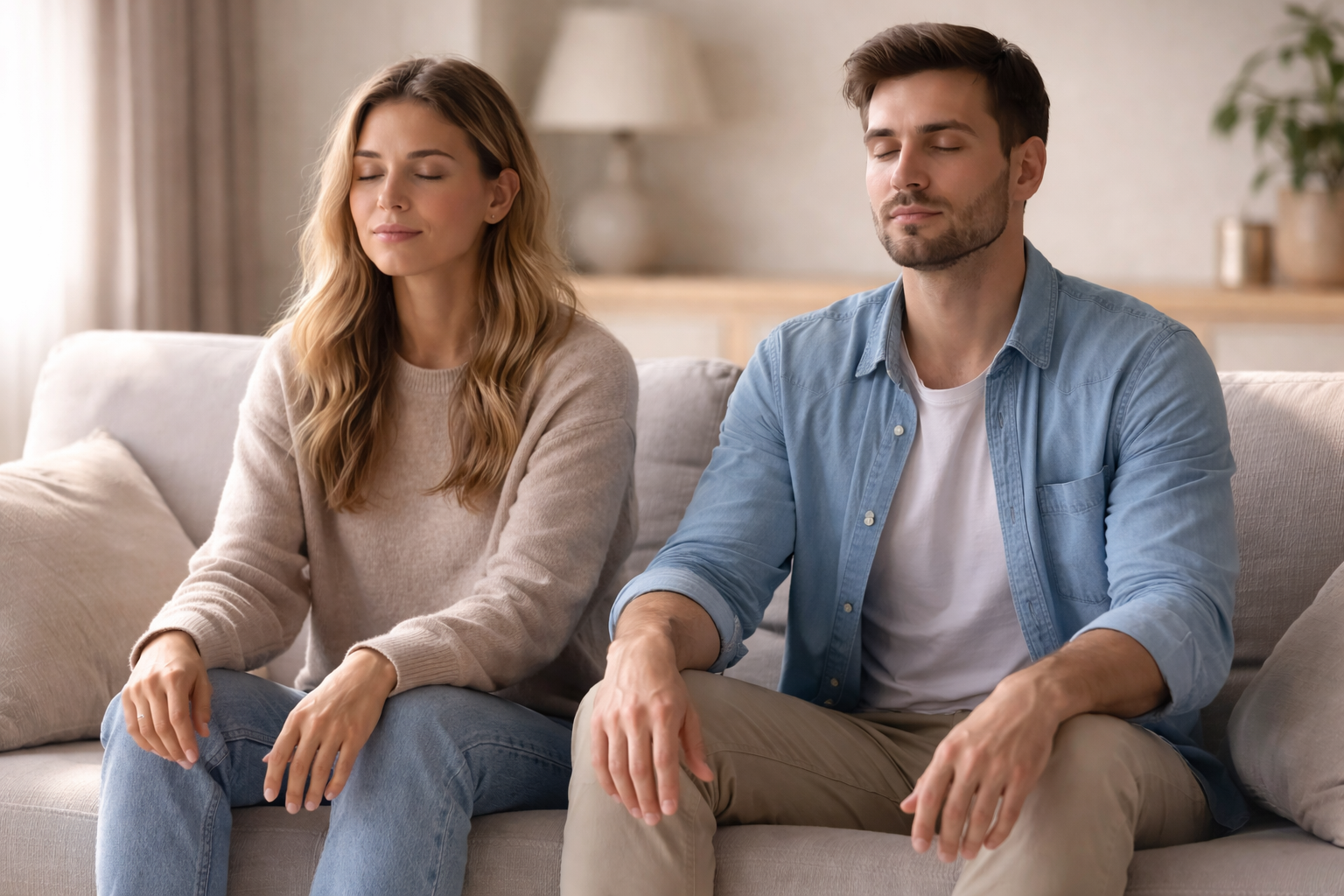 Calm man and woman sitting upright in soft natural light, grounded and emotionally regulated
