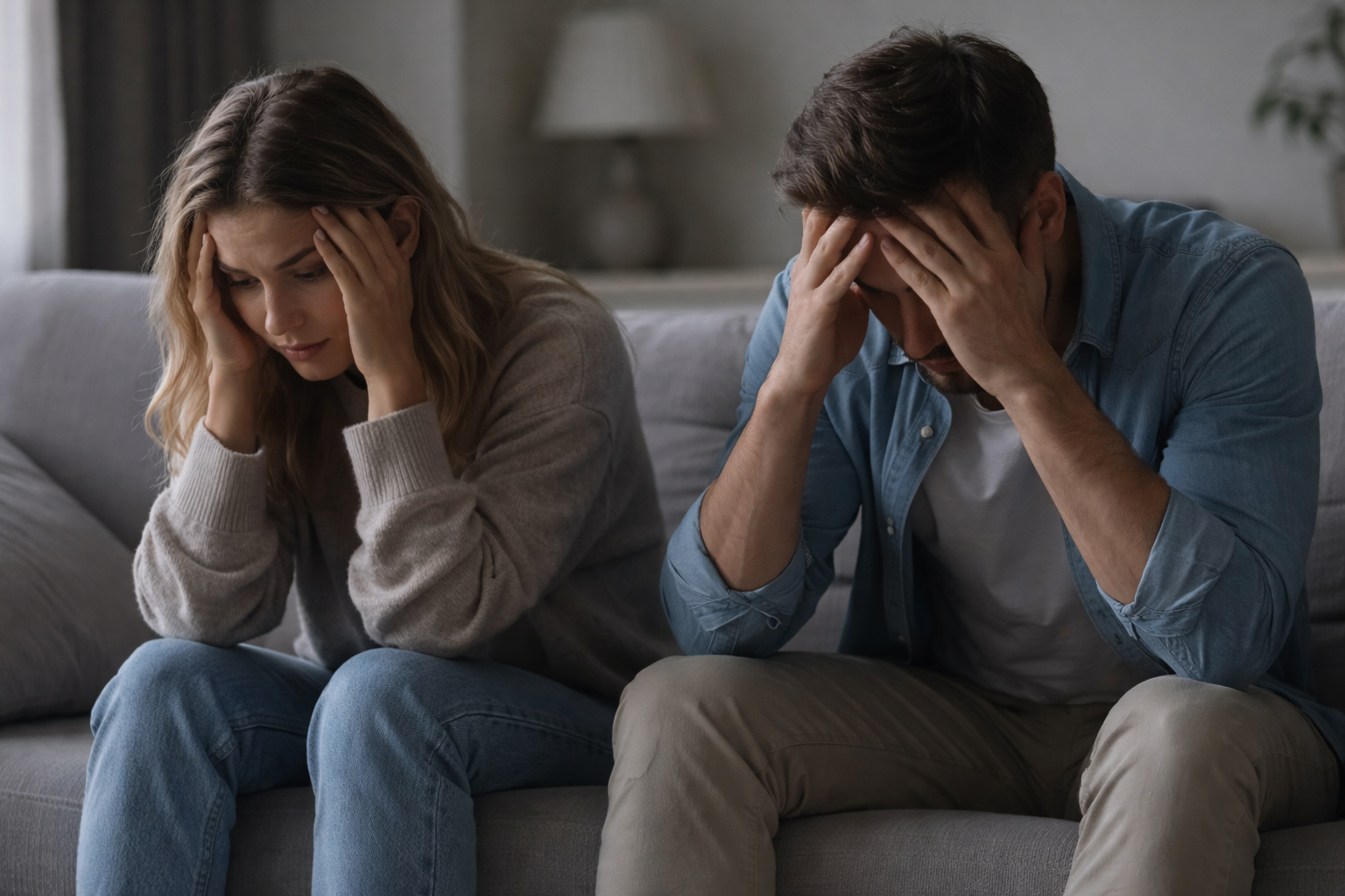 Man and woman sitting with heads in hands in muted lighting, showing emotional overwhelm and overthinking