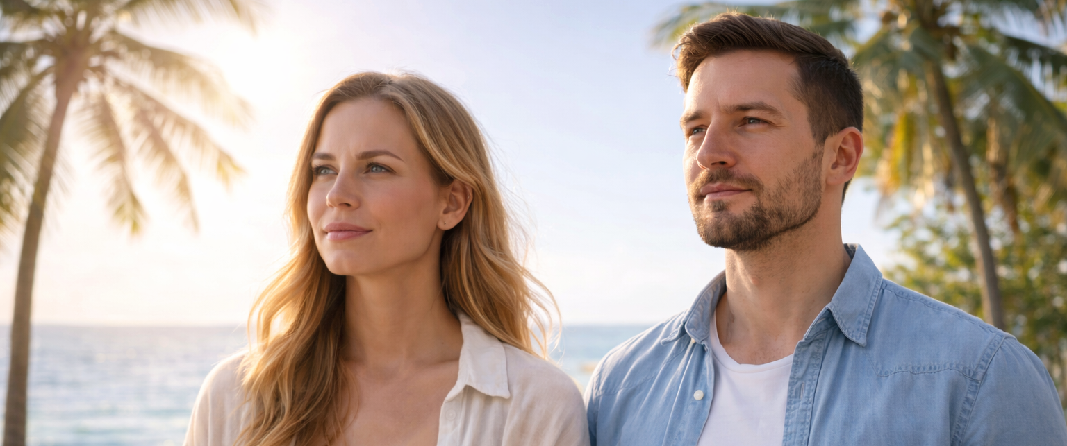 Calm grounded man and woman in tropical serenity by the shore symbolizing emotional stability